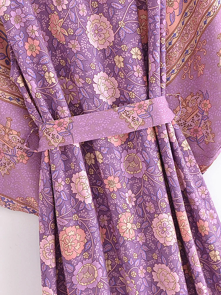 Vintage Chic Women Pink Floral Print Sashes Bohemian Kimono Ladies V Neck Batwing Sleeves Rayon Boho Robe Bikini Cover-ups - The Genie Store