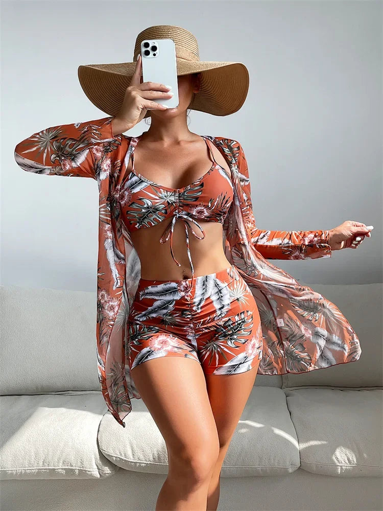 Women's Fashion Draw Rope Swimsuit Print High Waist Long Sleeve Smock Split Three Piece Bikini Set Swimwear - The Genie Store
