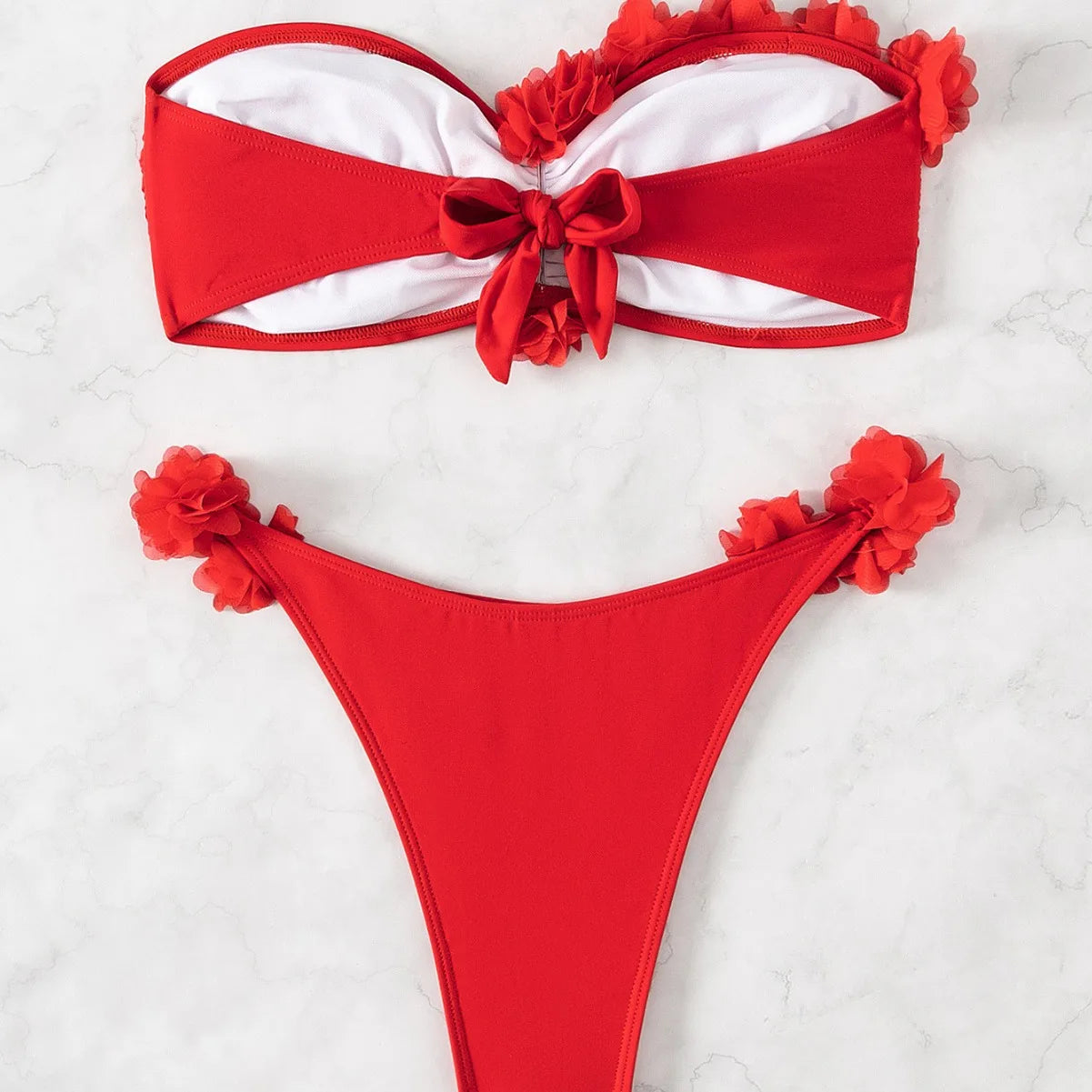 XS - L 3D Flowers Bandeau High Cut Bikini Women Swimwear Female Swimsuit Two-pieces Bikini Set Bather Bathing Suit Swim - The Genie Store