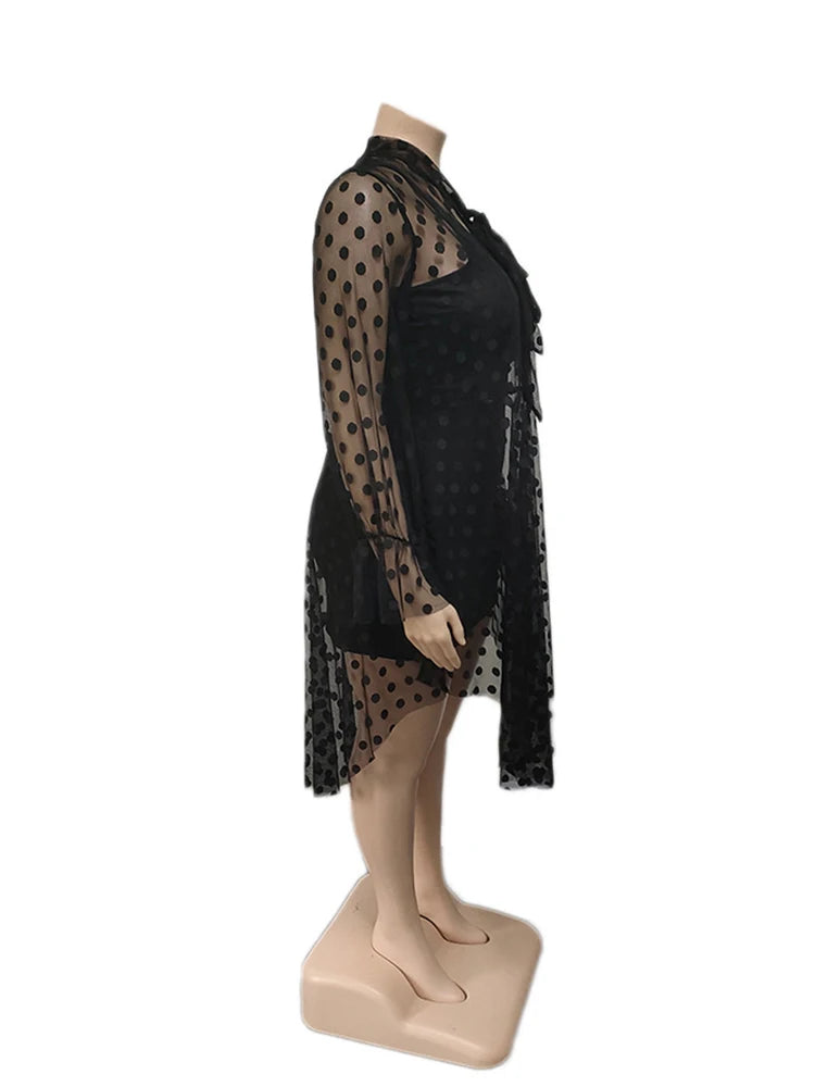 Lace Dress Women Sexy Plus Size Clothing Long Sleeve Mesh Dress with Lingerie Strap Black Midi Dress Wholesale Dropshipping - The Genie Store