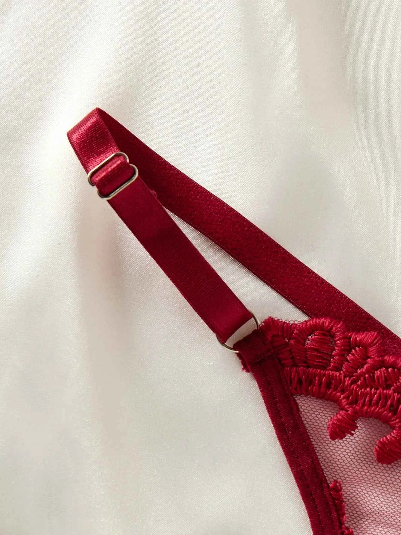 Ladies' wine red countryside style wheat ear embroidery semi transparent nightgown, elegant and comfortable, bow design