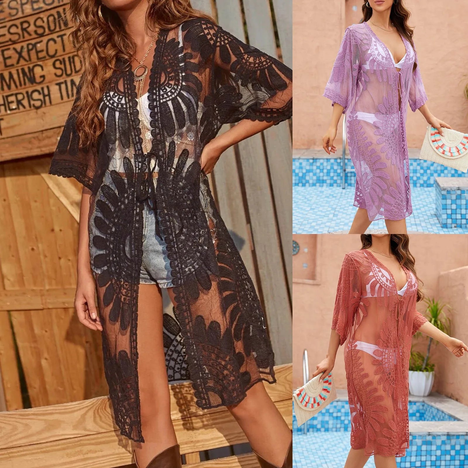 Lace Embroidered Kimono For Women Swimwear Beach Cover Up Blouse Summer Holiday Cardigan Solid Short Sleeve Long Swimsuit - The Genie Store