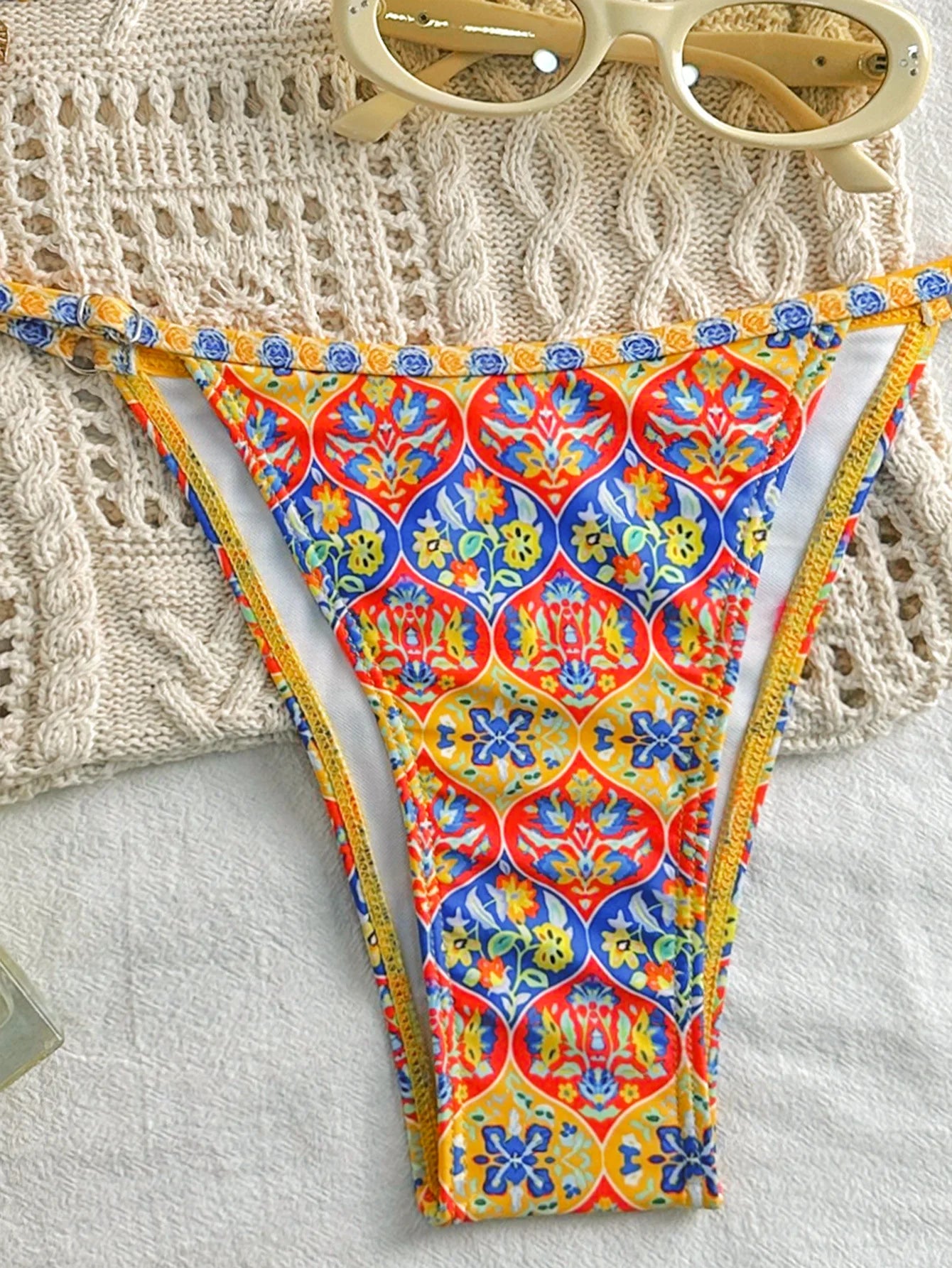 Women Yellow Bikini Set Retro Print 2 Piece Swimsuit 2025 New Triangle Halter Backless Thong Beach Swimwear Bathing Suit - The Genie Store