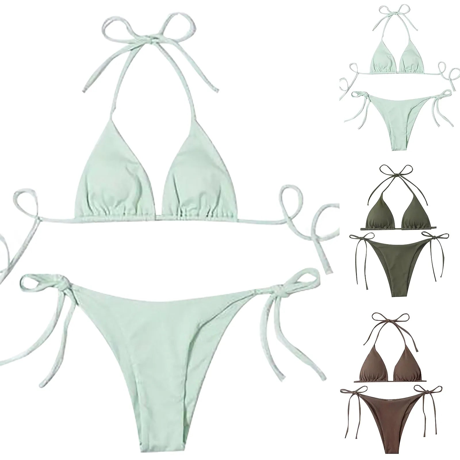 Women Sexy Neck Bikini Solid Color Split With Chest Pads No Steel Bra Swimsuit Biquinis Feminino TendêNcia купальник женский - The Genie Store