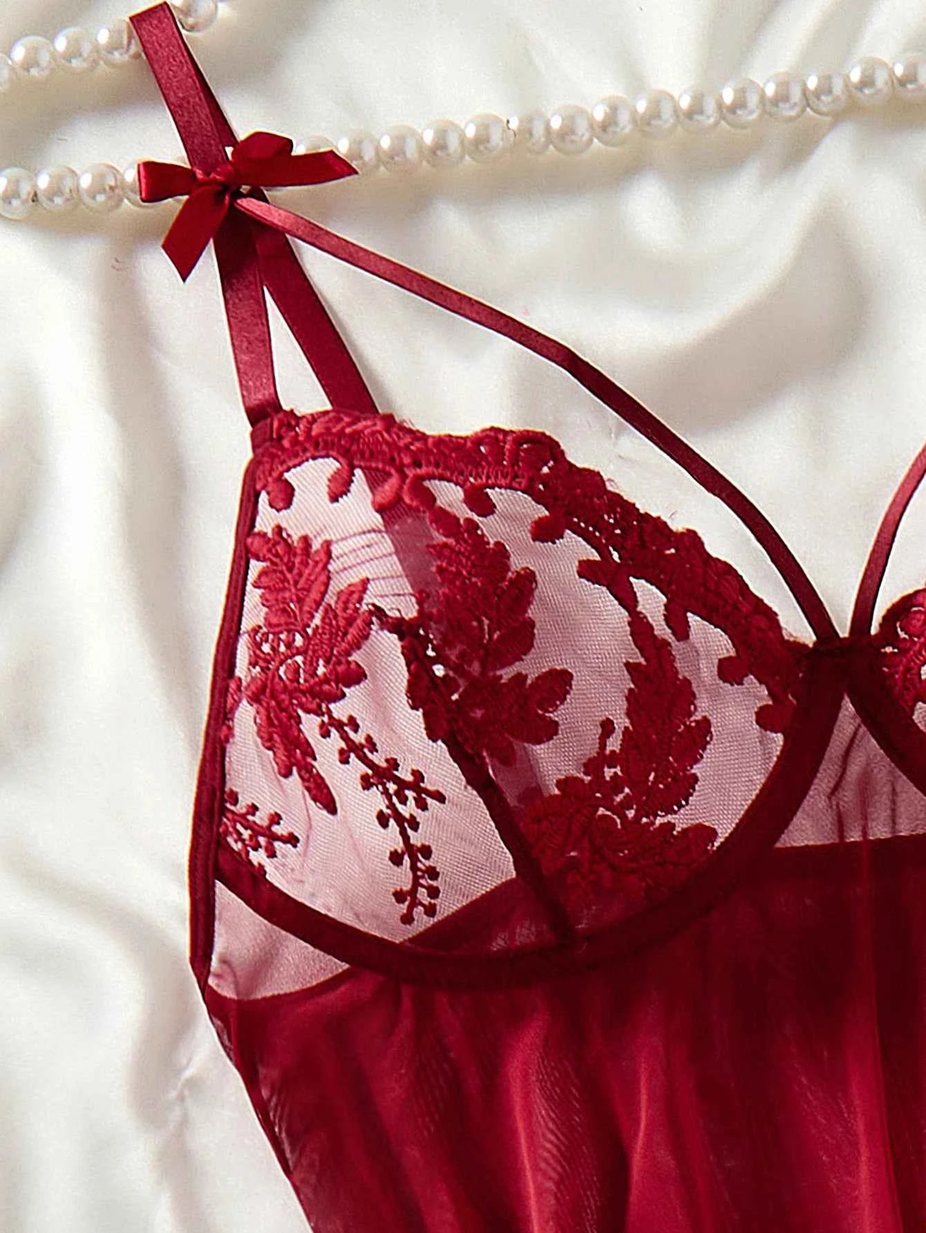 Ladies' wine red countryside style wheat ear embroidery semi transparent nightgown, elegant and comfortable, bow design