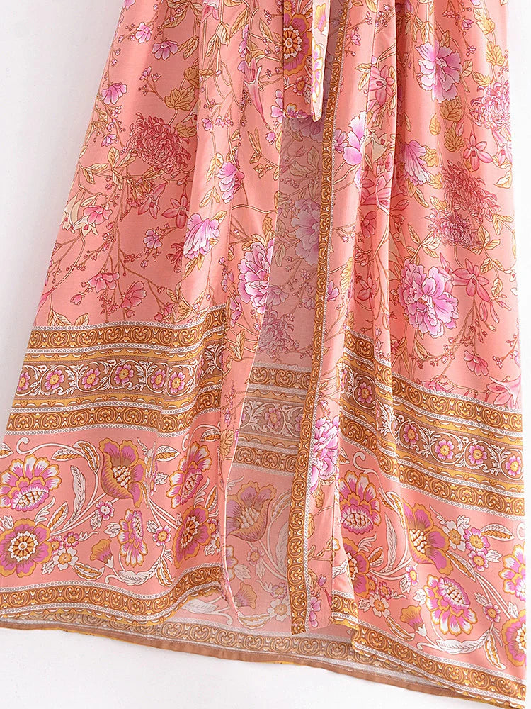 Vintage Chic Women Pink Floral Print Sashes Bohemian Kimono Ladies V Neck Batwing Sleeves Rayon Boho Robe Bikini Cover-ups - The Genie Store