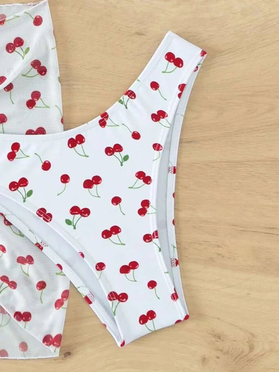 With Mesh Sarong Skirt Cherry Printed Bikini Female Swimsuit Women Swimwear Three Pieces Bikini Set Bathing Suit Swim Beachwear - The Genie Store