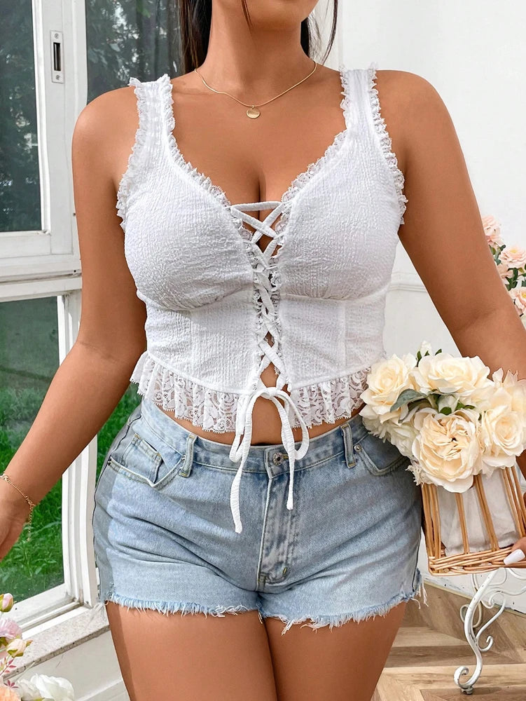 Plus Size Women's Lace Lingerie Spaghetti Strap Vest Camisole Top Women's Sexy Deep V Neck Slim Tight Y2K Sleeveless Tank Top - The Genie Store