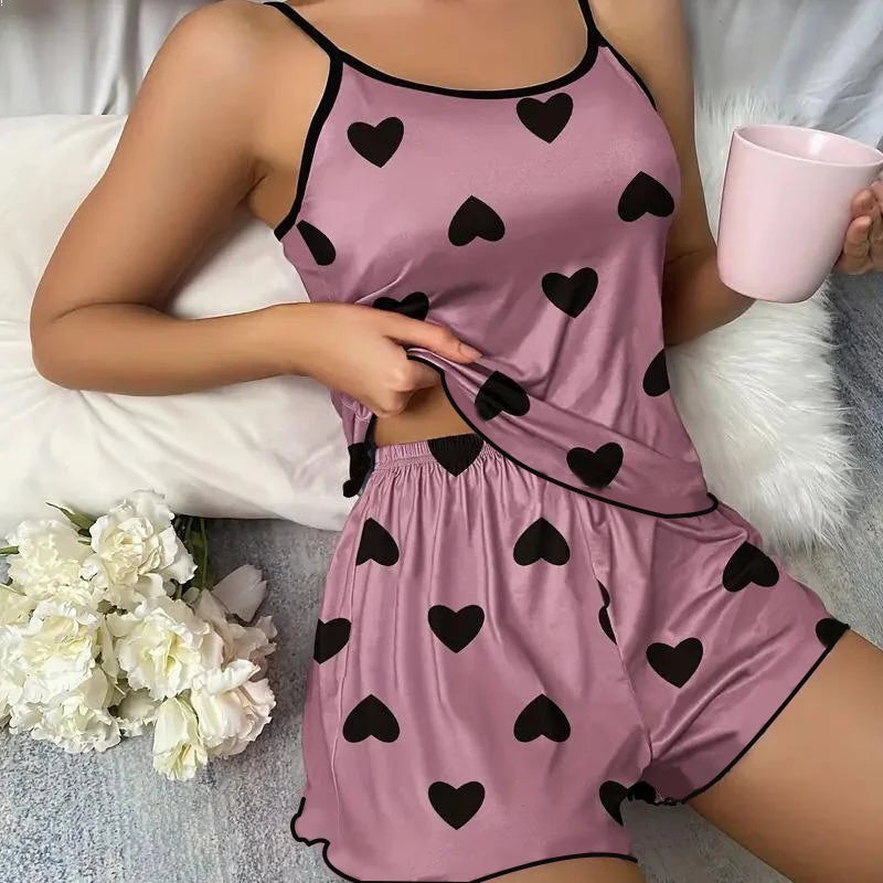 Women's Pajama Set Pajamas T-Shirts Shorts Pink Heart-Shaped Print Round Neck T-Shirt Ice Silk Top Comfortable Casual Summer  - The Genie Store