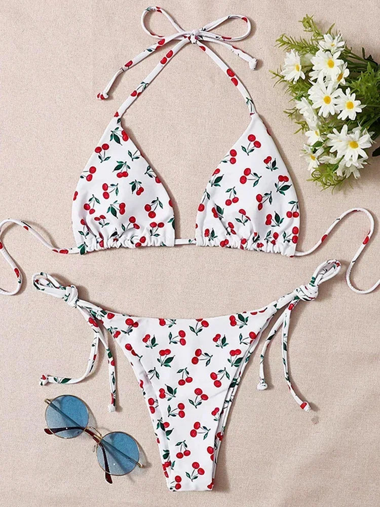 With Mesh Sarong Skirt Cherry Printed Bikini Female Swimsuit Women Swimwear Three Pieces Bikini Set Bathing Suit Swim Beachwear - The Genie Store