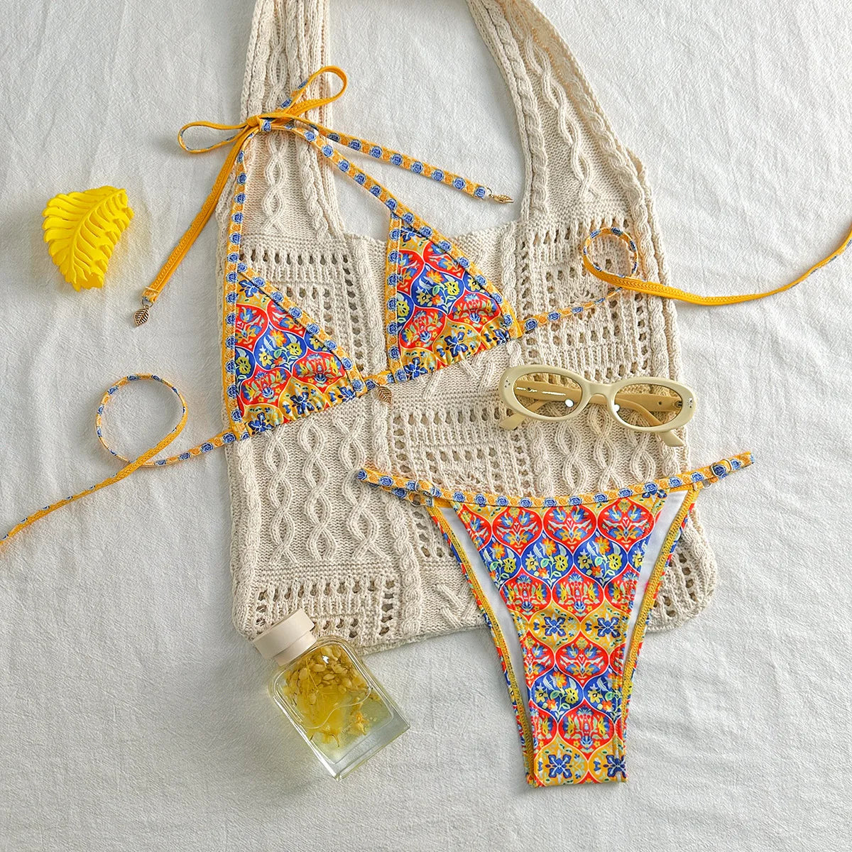 Women Yellow Bikini Set Retro Print 2 Piece Swimsuit 2025 New Triangle Halter Backless Thong Beach Swimwear Bathing Suit - The Genie Store