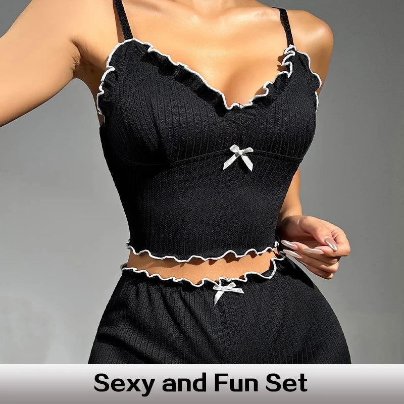 Ladies' Summer Two-Piece Ribbed Fabric Black V-Neck Camisole Crop Top and Shorts Sexy Casual Pajama Set - The Genie Store