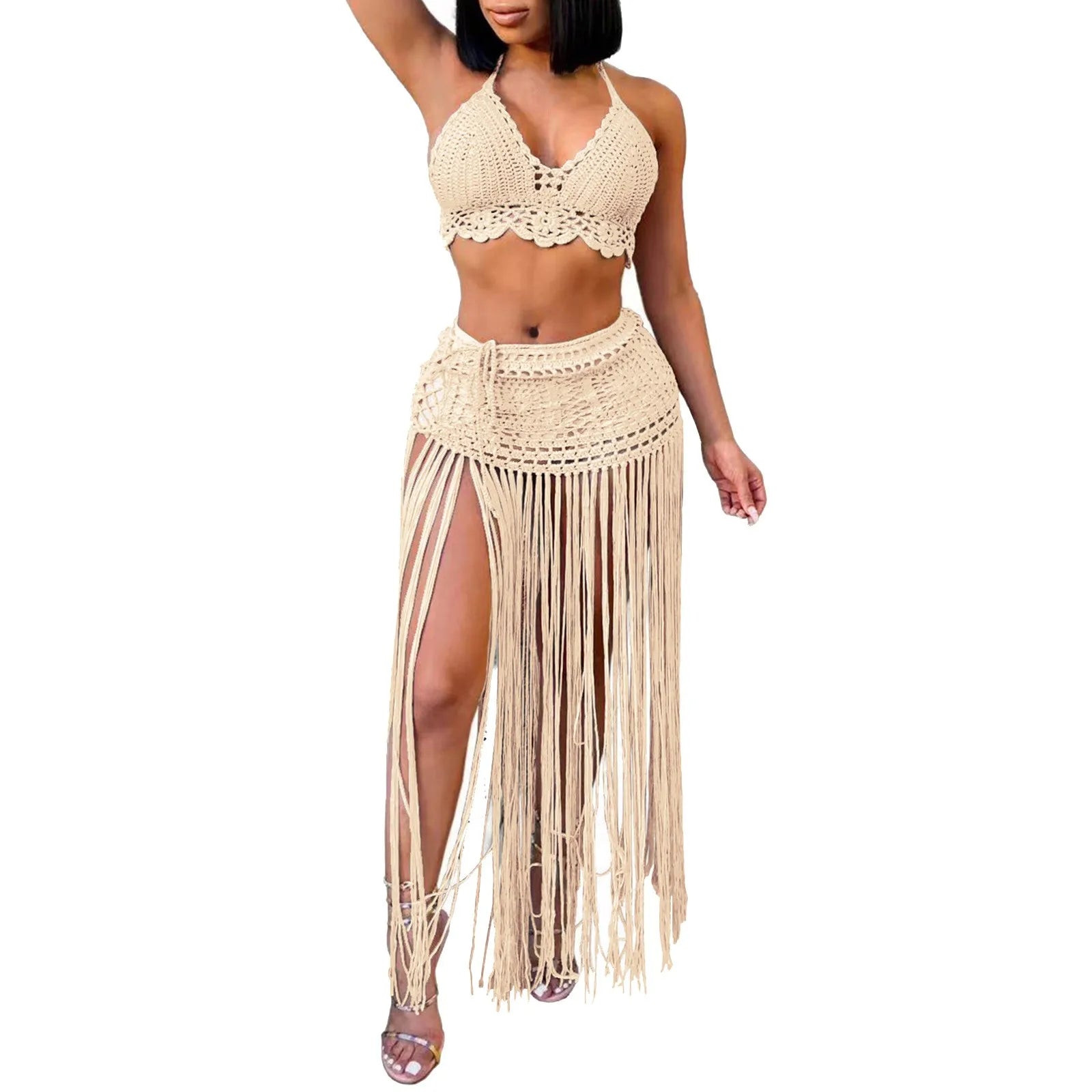 Women'S Two Piece Swimsuit Beach Cover Up Fashion Solid Colour Knitted High Waist Tassel Long Skirt Swimsuit Cover Up Bikini - The Genie Store