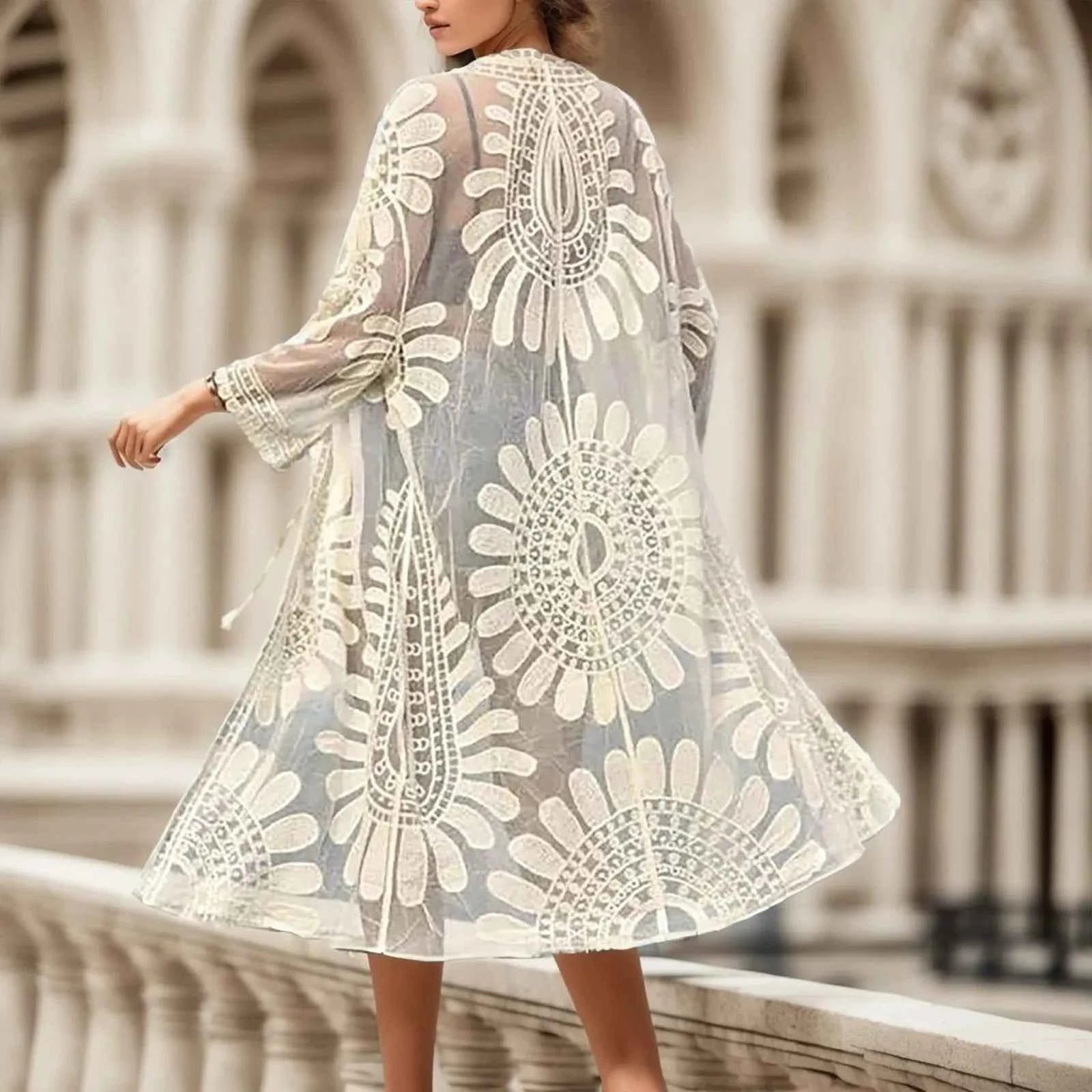 2025 New Flower Lace Cover-Ups Beachwear White Cardigan Beach Cover Ups for Swimwear Women Bath Exits Outfits Bathing Suit Dress