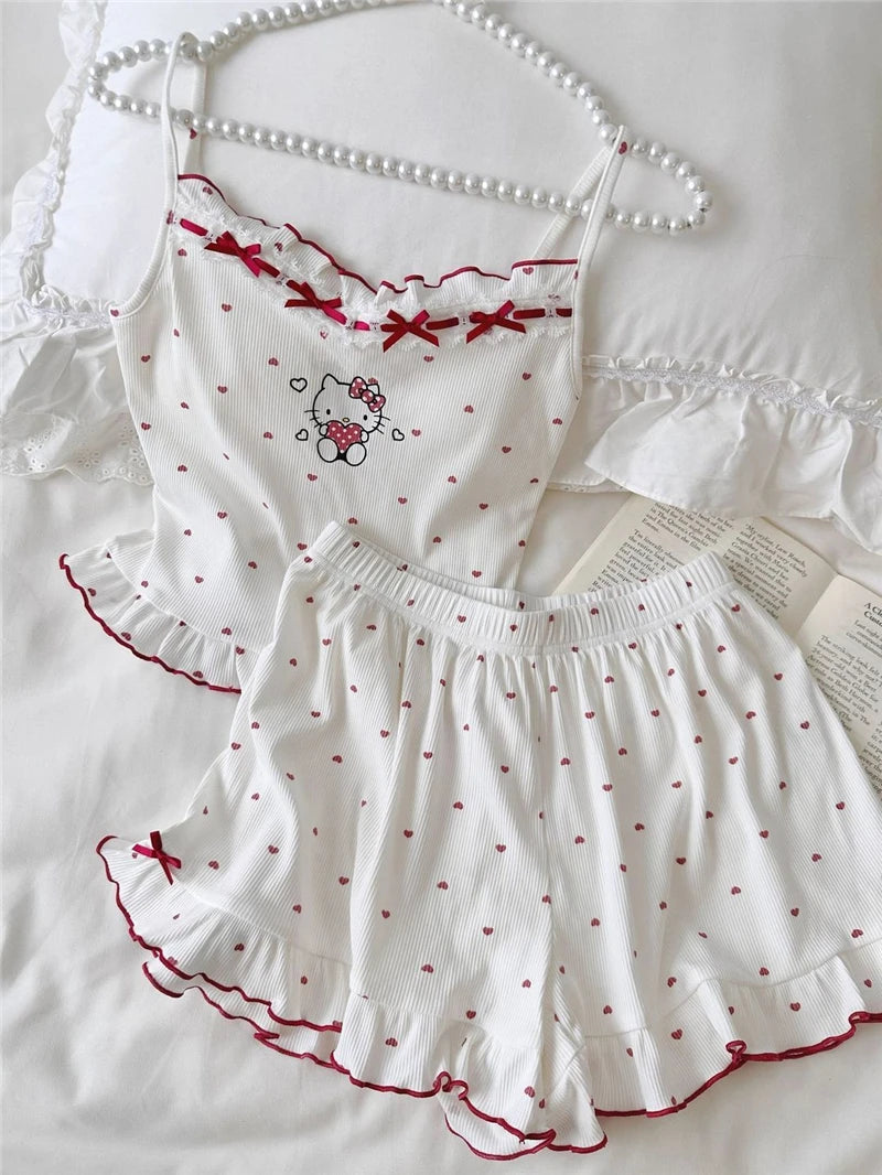 Women's Pajamas Hello Kitty Comfort Vest And Shorts Set Anime Cute Girl Casual  Summer Suspender Shorts  Set - The Genie Store