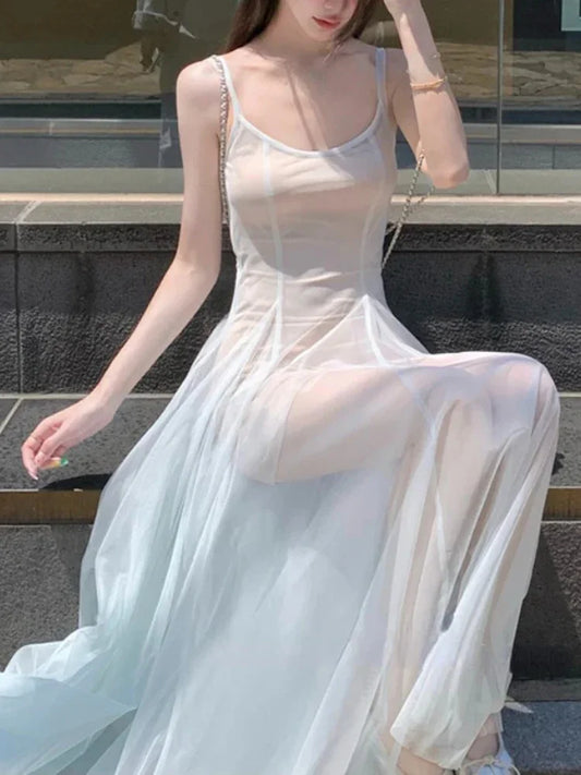 Korean Style Sweet Women's Mesh Backless Suspender Dress Summer New Fashion Y2K Party Women Waist Up Vacation Style Midi Dress - The Genie Store
