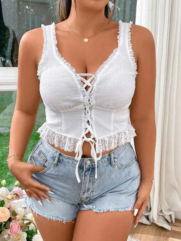 Plus Size Women's Lace Lingerie Spaghetti Strap Vest Camisole Top Women's Sexy Deep V Neck Slim Tight Y2K Sleeveless Tank Top - The Genie Store