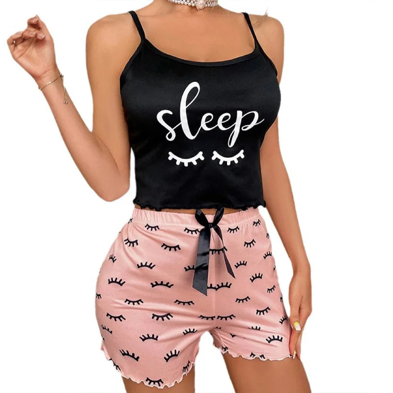 Women's Milk Silk Print Pajama Sleeveless Camisole Shorts Comfortable Sleepwear Loungewear Homewear Nightwear - The Genie Store