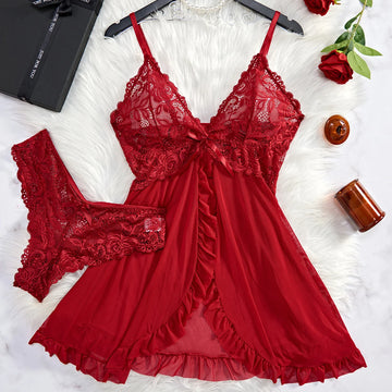 Red Sling Transparent Sexy Lingerie Women's Underwear See-through Sleepwear Lace Nightdress And Panty Pijamas Sets Female Santa - The Genie Store