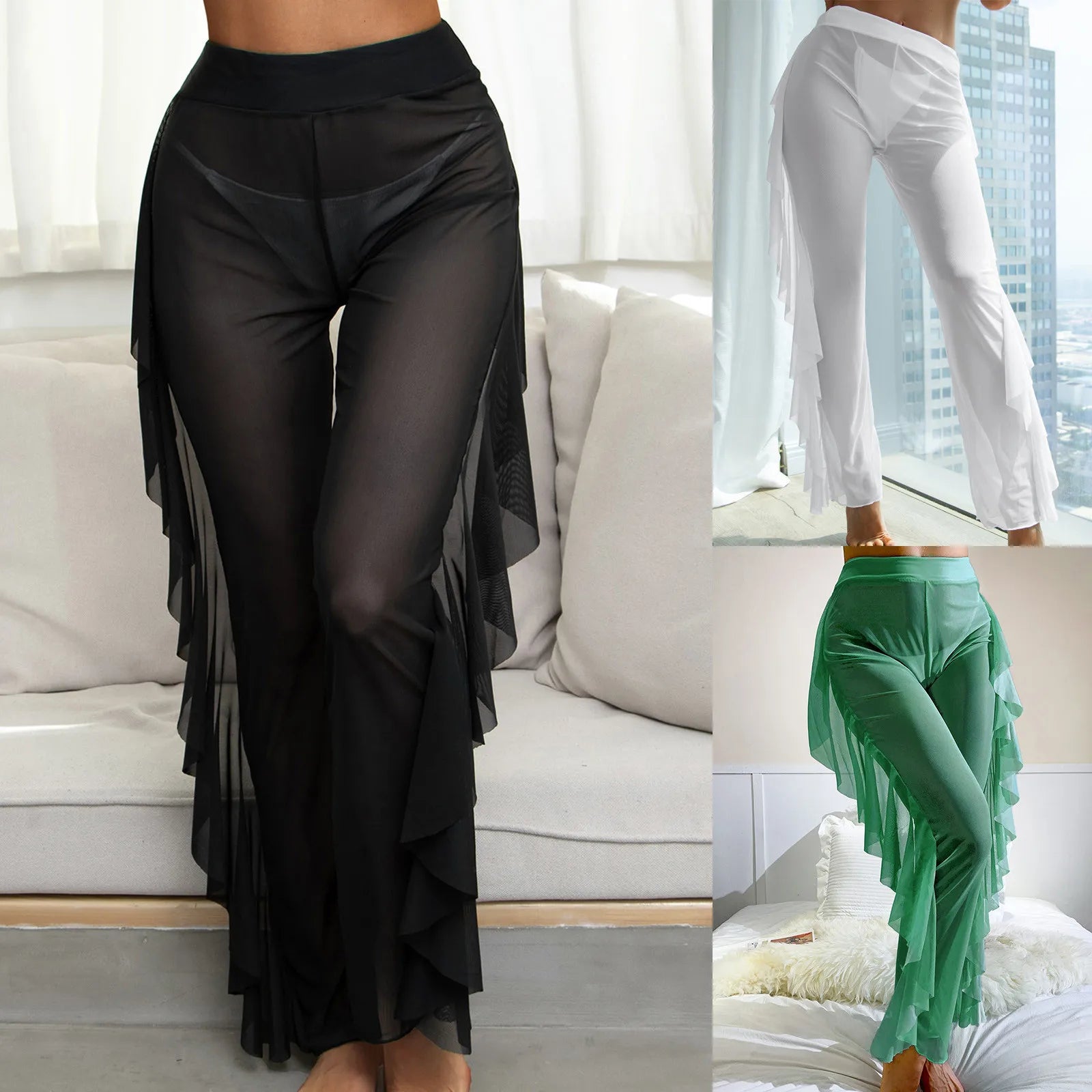 Women Mesh Ruffle Trim Cover Up Pants High Waist Beach Trousers Beachwear Covers Up Wrap Bikini Holiday Female Swimwear 2025 - The Genie Store