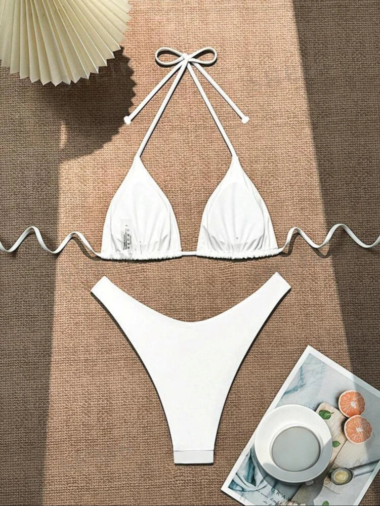2025 Women White Bikini Chest Padded New Sexy Halter Bikini Two-Piece Set With Drawstring Straps Solid Brazilian Bathing Suit - The Genie Store