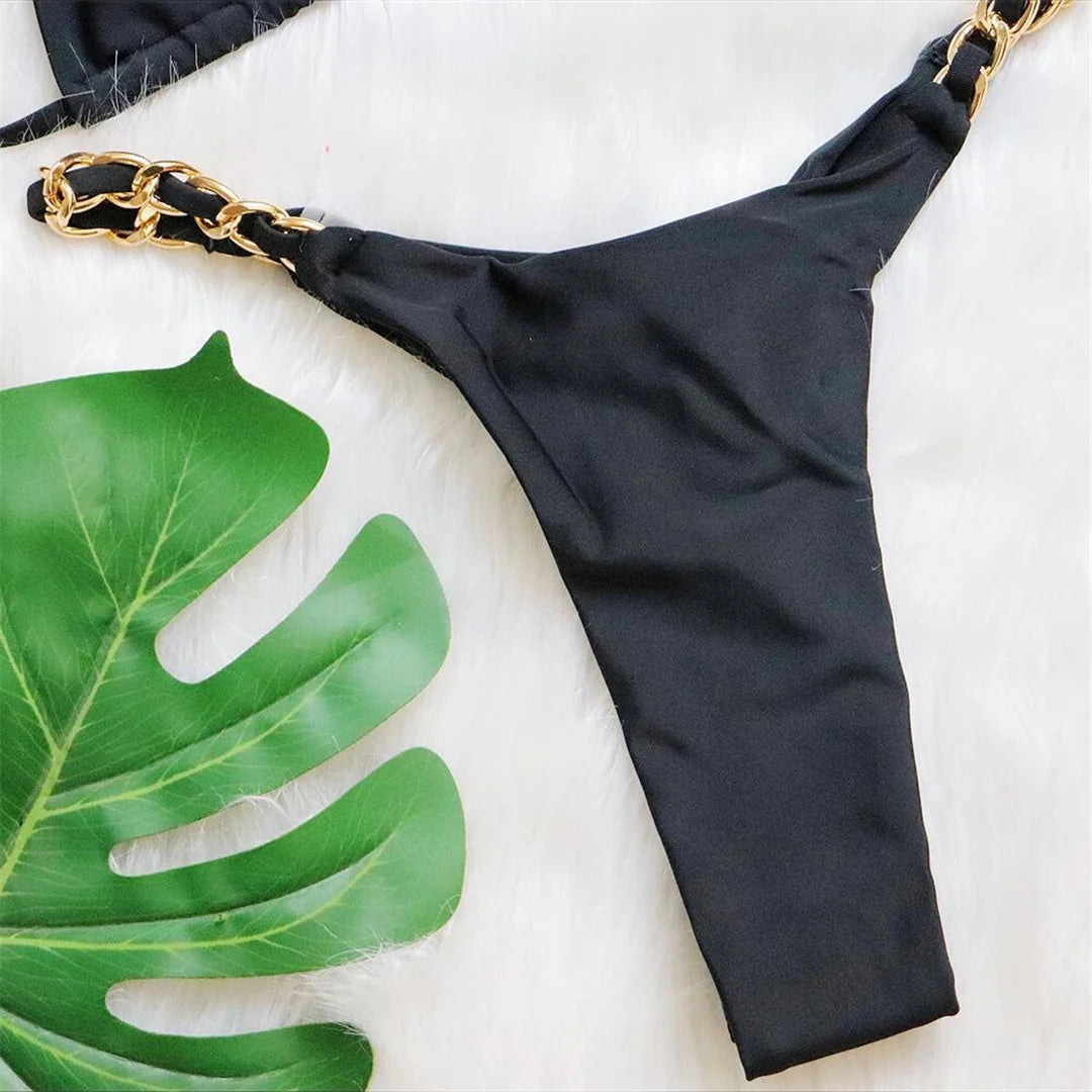 Metal Ring Halter Scrunch Butt Thong Bikini Women Swimwear Female Swimsuit Two-pieces Bikini set Bather Bathing Suit Swim V4391 - The Genie Store