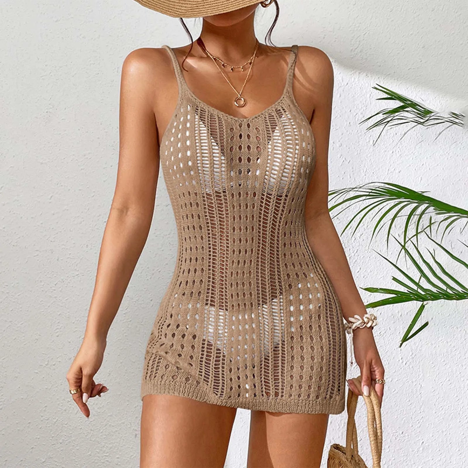 Women's Plus Size Sheer Knit Crochet Swimsuit Cover-Up Dress - The Genie Store