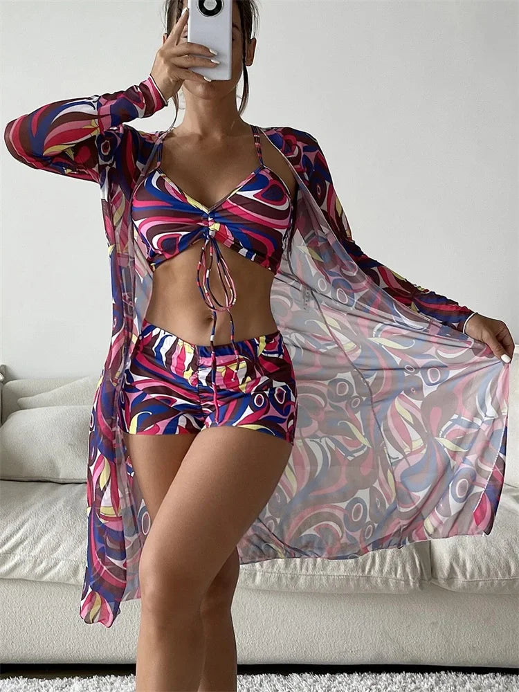 Women's Fashion Draw Rope Swimsuit Print High Waist Long Sleeve Smock Split Three Piece Bikini Set Swimwear - The Genie Store