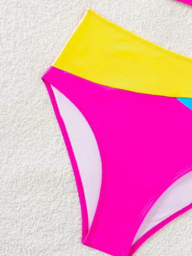 Women's Rose Red Patchwork High-Waist V-Neck Bikini Set - The Genie Store