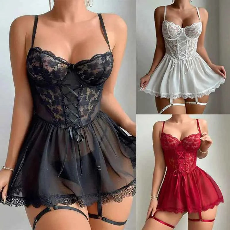 Garter Pajamas Exquisite Hot Women's Lingerie Fancy Bra With Thong Leg Rings Erotic Nightgowns Plus Size Underwear Sleepwear Set