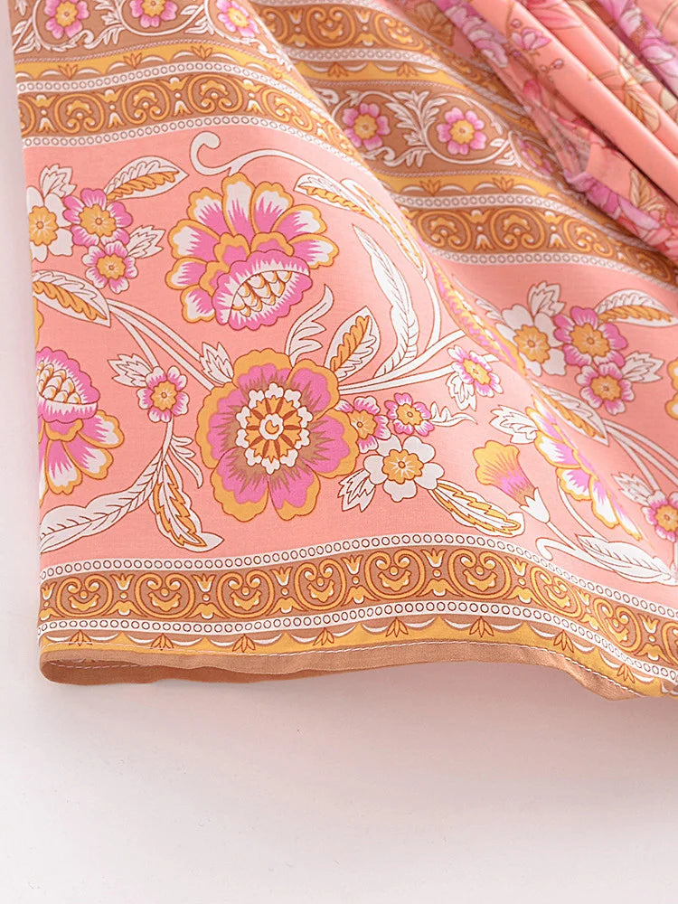 Vintage Chic Women Pink Floral Print Sashes Bohemian Kimono Ladies V Neck Batwing Sleeves Rayon Boho Robe Bikini Cover-ups - The Genie Store