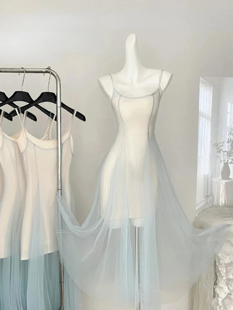 Korean Style Sweet Women's Mesh Backless Suspender Dress Summer New Fashion Y2K Party Women Waist Up Vacation Style Midi Dress - The Genie Store