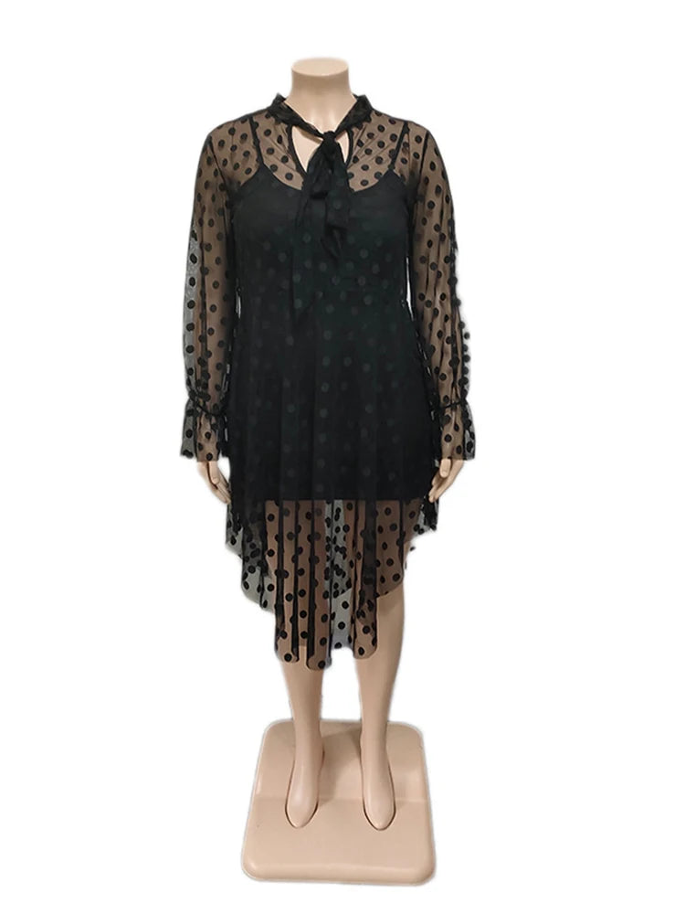 Lace Dress Women Sexy Plus Size Clothing Long Sleeve Mesh Dress with Lingerie Strap Black Midi Dress Wholesale Dropshipping - The Genie Store