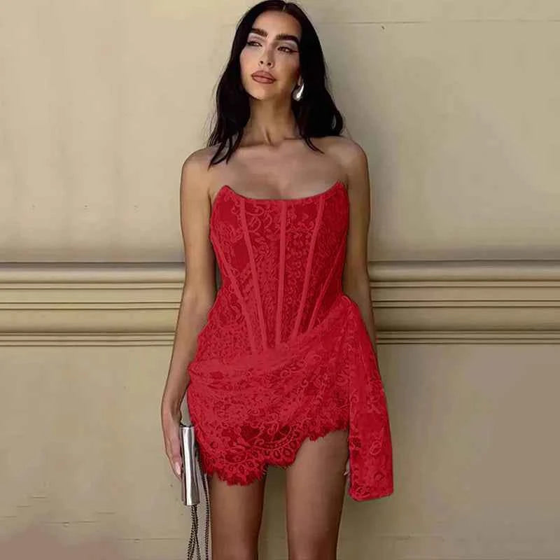 Candyhot Elegant Lace Strapless Sexy See-through Dress Bandage Irregular Mini Dress For Women Summer Slim Street Party Dress