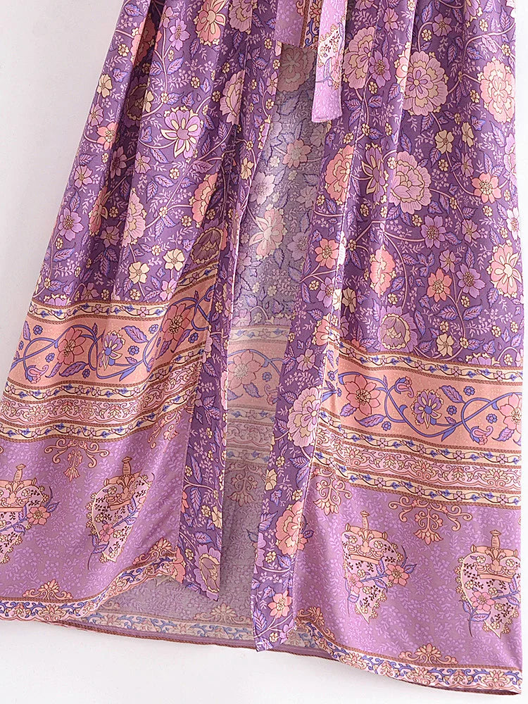 Vintage Chic Women Pink Floral Print Sashes Bohemian Kimono Ladies V Neck Batwing Sleeves Rayon Boho Robe Bikini Cover-ups - The Genie Store