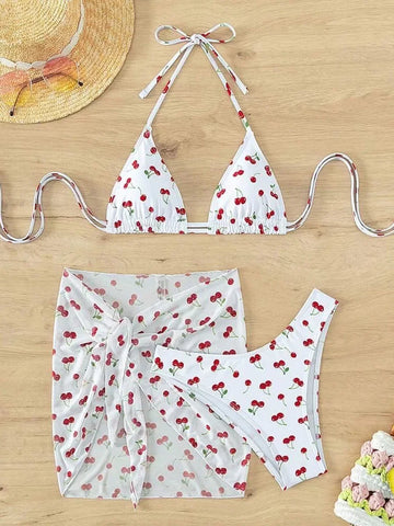 With Mesh Sarong Skirt Cherry Printed Bikini Female Swimsuit Women Swimwear Three Pieces Bikini Set Bathing Suit Swim Beachwear - The Genie Store