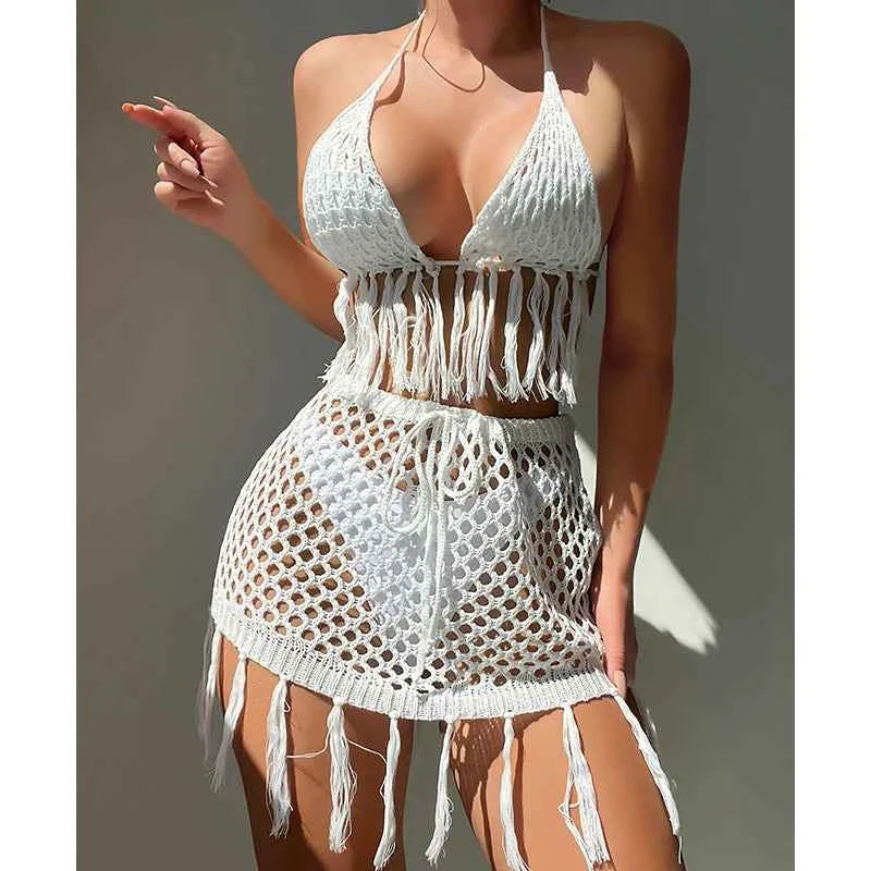 Two-piece Crochet Teens Women Sexy Bikini Cover Up Set Binding Rope Tassel Swimsuit Summer Holiday Knitting Beach Wear