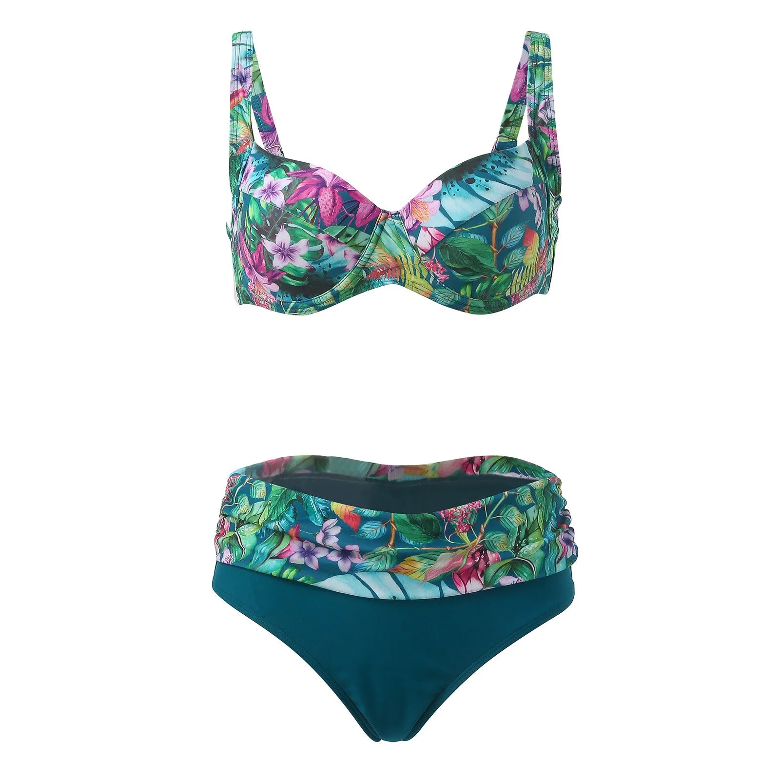 Women'S Swimwear Bikini Sets Normal Swimsuit Backless 2 Piece Green Printing Flower Push Up Girls Swimsuits Beachwear Bathing - The Genie Store