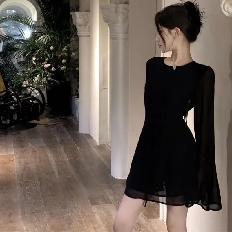 Solid Dresses Women Mini Retro Summer Spicy Ladies Backless Lace-up Sexy Designed Long Sleeve Korean Style Elegant Vintage Ins - The Genie Store