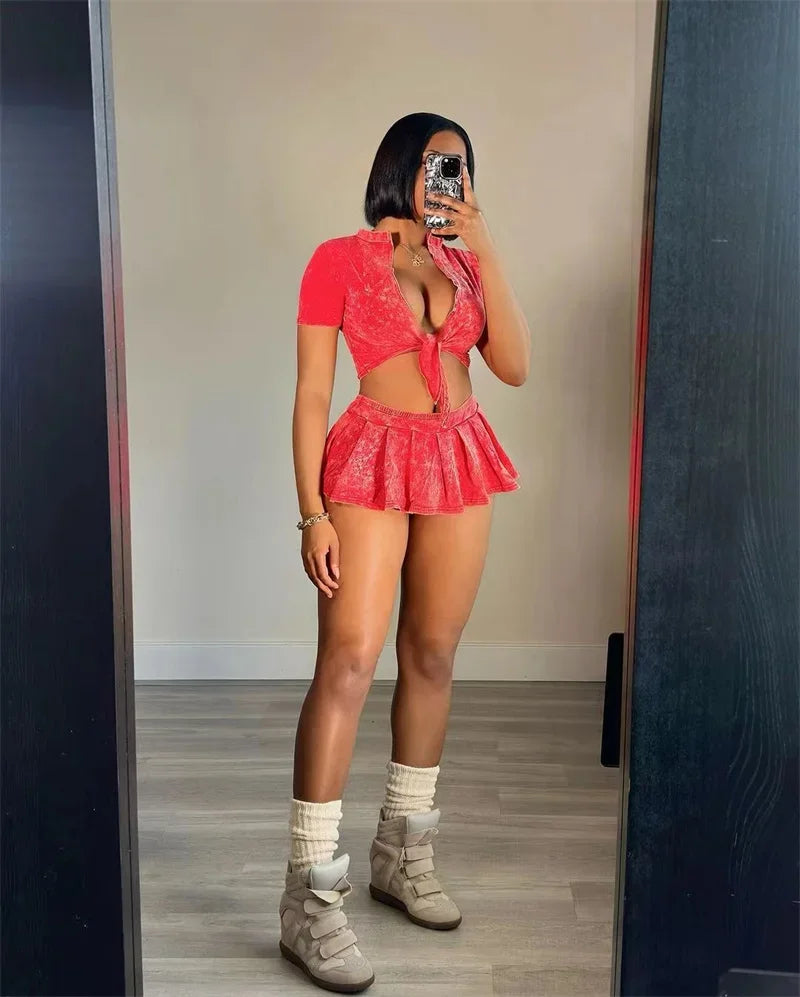 Streetwear Party Club Co Ord Sets for Women 2 Piece Set Outfit Summer Lace-up Crop Top and Mini Skirt Sets Conjuntos Para Vestir - The Genie Store