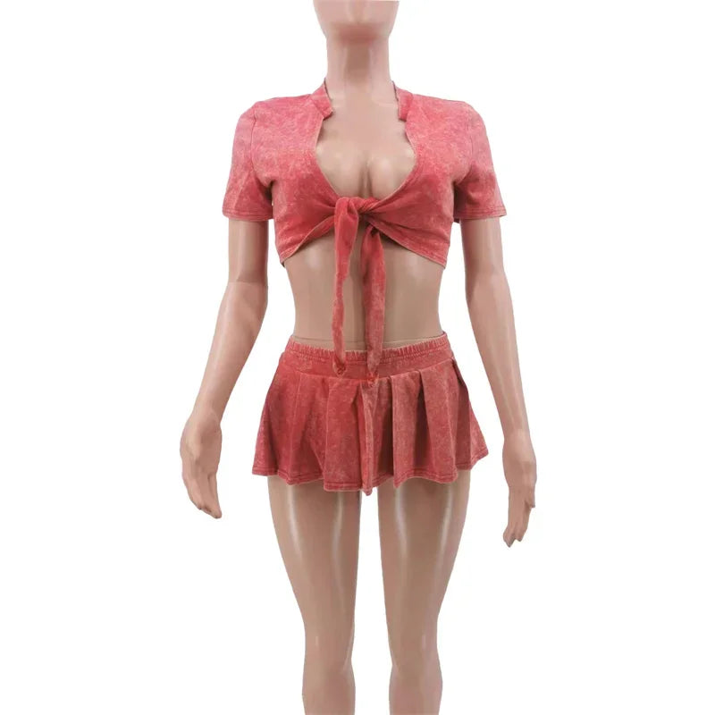 Streetwear Party Club Co Ord Sets for Women 2 Piece Set Outfit Summer Lace-up Crop Top and Mini Skirt Sets Conjuntos Para Vestir - The Genie Store