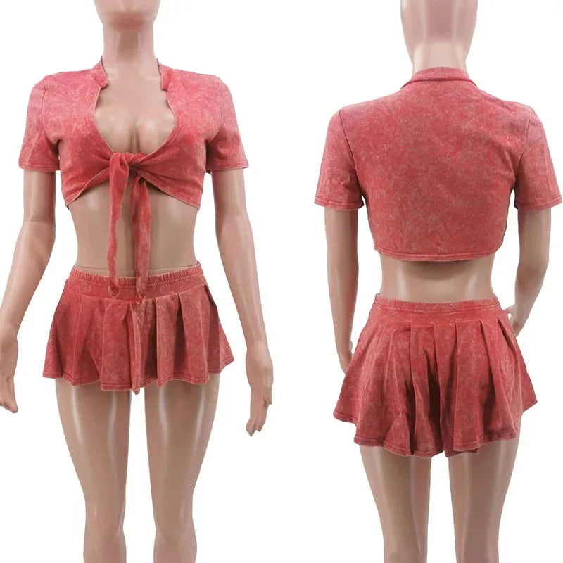 Streetwear Party Club Co Ord Sets for Women 2 Piece Set Outfit Summer Lace-up Crop Top and Mini Skirt Sets Conjuntos Para Vestir - The Genie Store