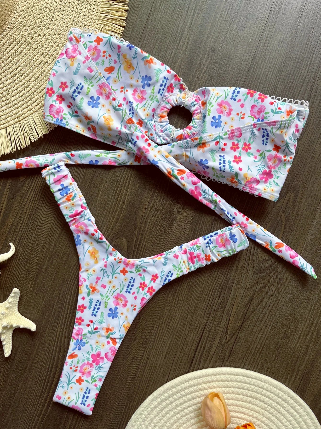 New Floral Bandeau High Leg Cut Thong Bikini Female Swimsuit Women Swimwear Two-pieces Bikini set Bather Bathing Suit Swim - The Genie Store
