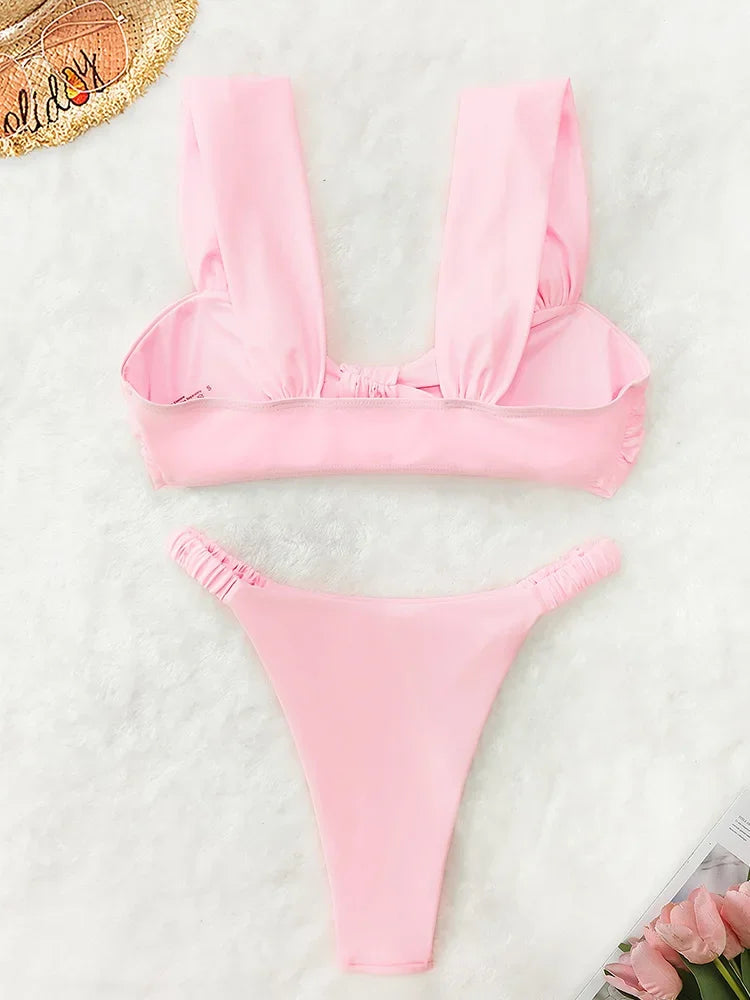 AOTVOTEE Sexy Pink Backless Bikinis 2 Piece Set Women Solid Split Swimsuit Beach Bikinis 2025 New Summer Swimwear Bikinis Set - The Genie Store