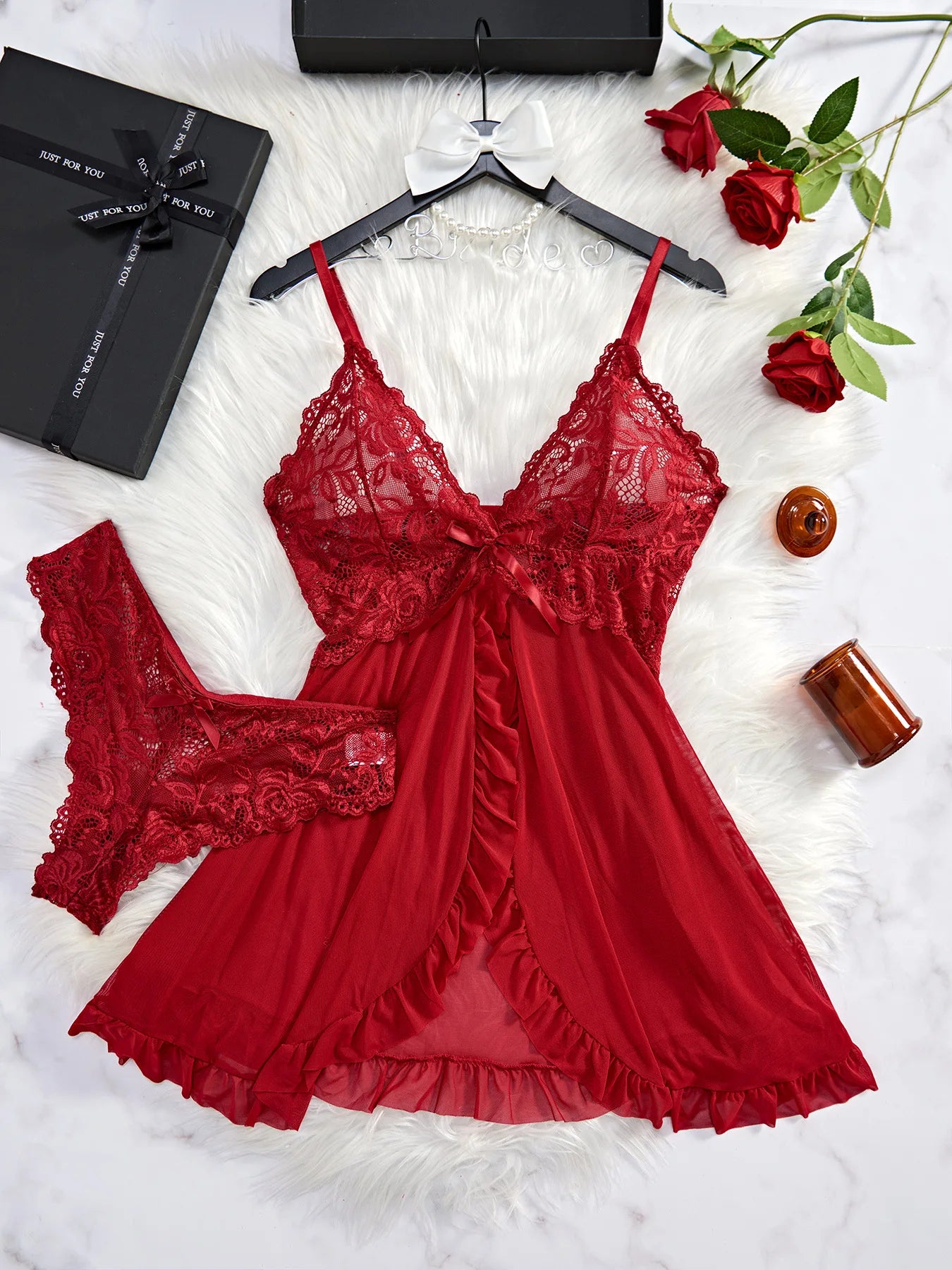 Red Sling Transparent Sexy Lingerie Women's Underwear See-through Sleepwear Lace Nightdress And Panty Pijamas Sets Female Santa - The Genie Store