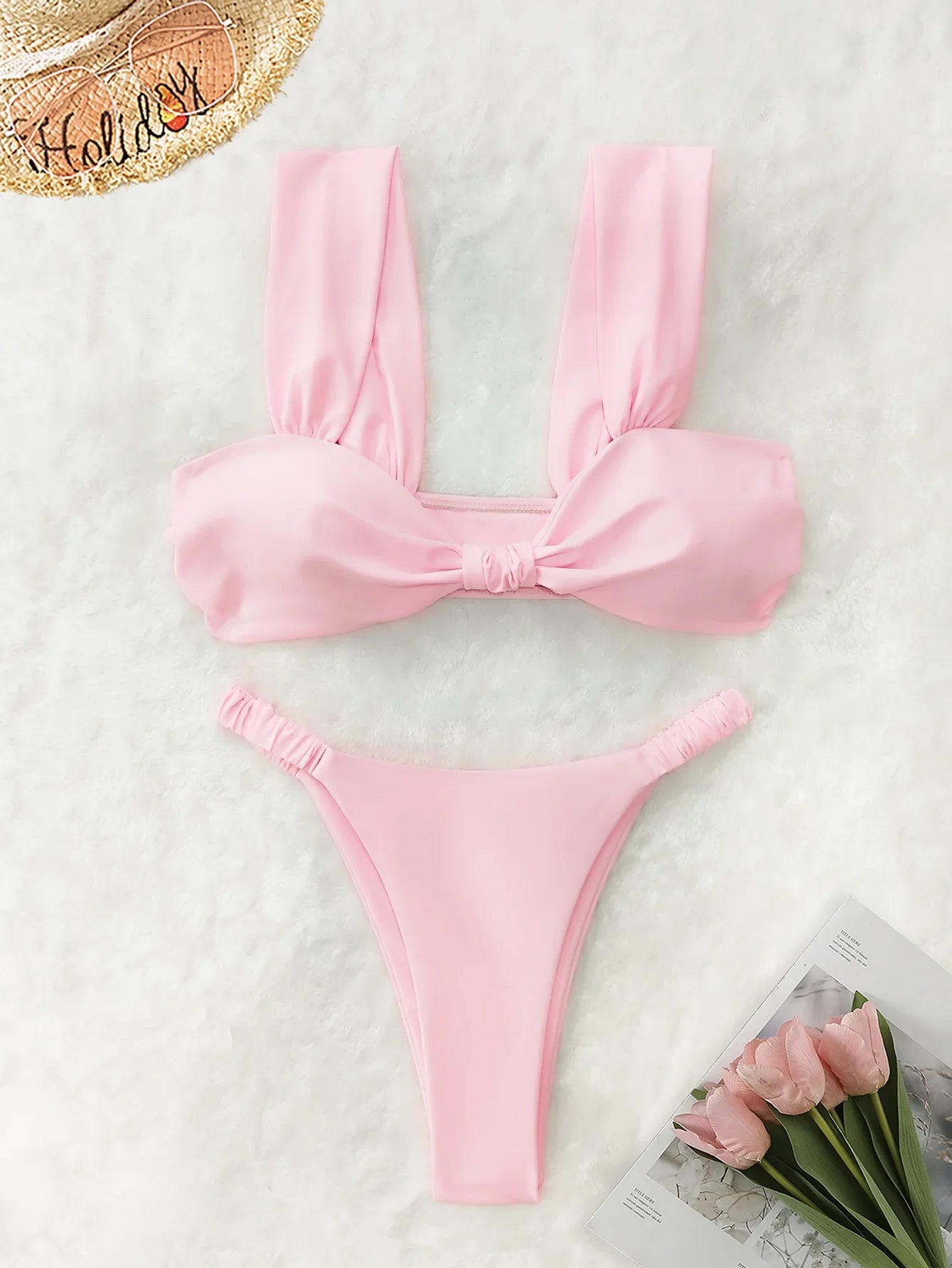 AOTVOTEE Sexy Pink Backless Bikinis 2 Piece Set Women Solid Split Swimsuit Beach Bikinis 2025 New Summer Swimwear Bikinis Set - The Genie Store