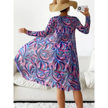 Women's Fashion Draw Rope Swimsuit Print High Waist Long Sleeve Smock Split Three Piece Bikini Set Swimwear - The Genie Store