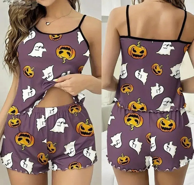 Halloween Pumpkin Print Pajama Set Womens Cute Ribbed Cami Crop Top and Shorts Two Piece Sleepwear Lettuce Hem Y2K Loungewear - The Genie Store