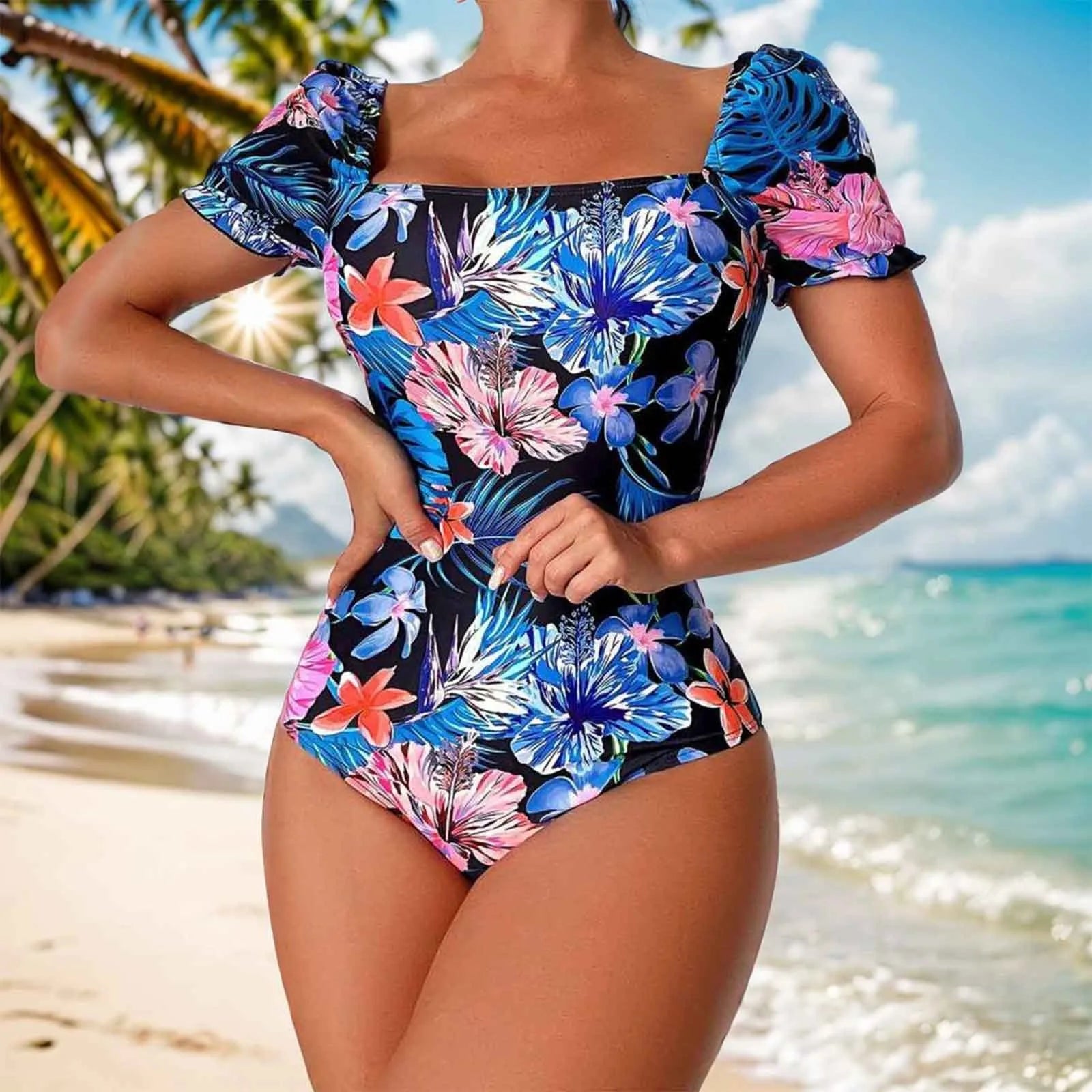 Women Swimsuit Fashion Swimsuit Printed Flower Triangle Bikini Strap Sexy Swimsuit Hawaiian Sea Sexy One-Piece Swimsuit Biquini - The Genie Store