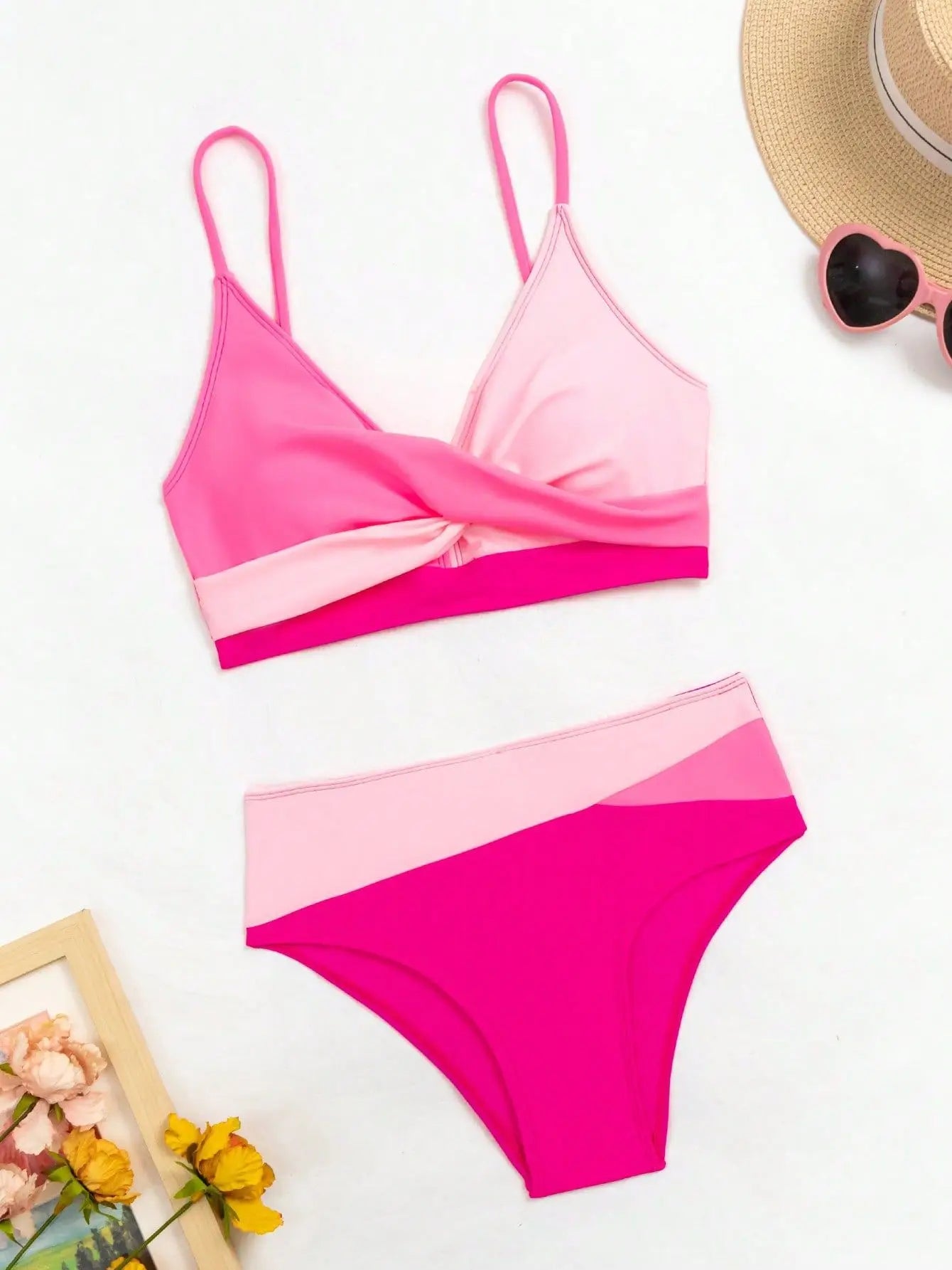 Women's Rose Red Patchwork High-Waist V-Neck Bikini Set - The Genie Store